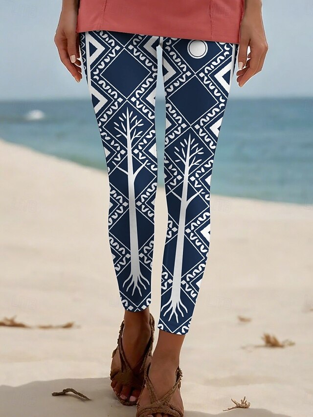 Women's Pants Trousers Leggings Ethnic Style Casual Full Length High Waist Geometric Elastic Waist Print Breathability Comfortable Stretchy Vacation Street Daily Wear Blue Summer Spring Fall Regular4