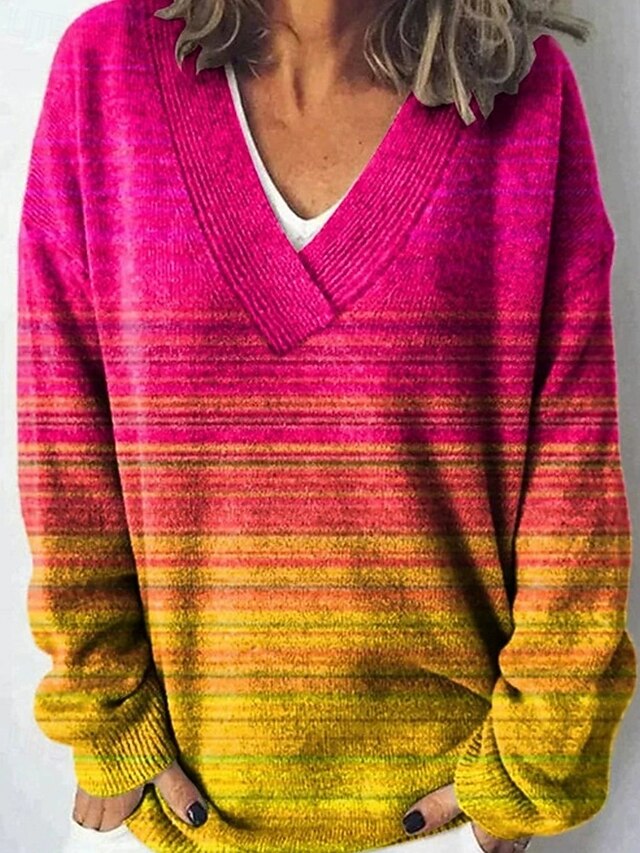 Women's Sweater Fashion Color Block Ribbed V Neck Knitted Long Sleeve Regular Tops Knit Holiday Going out Weekend Yellow Fall4