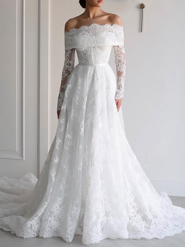  kukkakuvioinen chantilly-pitsiaplikaatiolla koristeltu rantahääpuku elegantti olkapäät paljastava boho-hääpuvut A-linjainen pitkähihainen kappelilaahus morsiuspuvut simpukankuorilla reunustetut