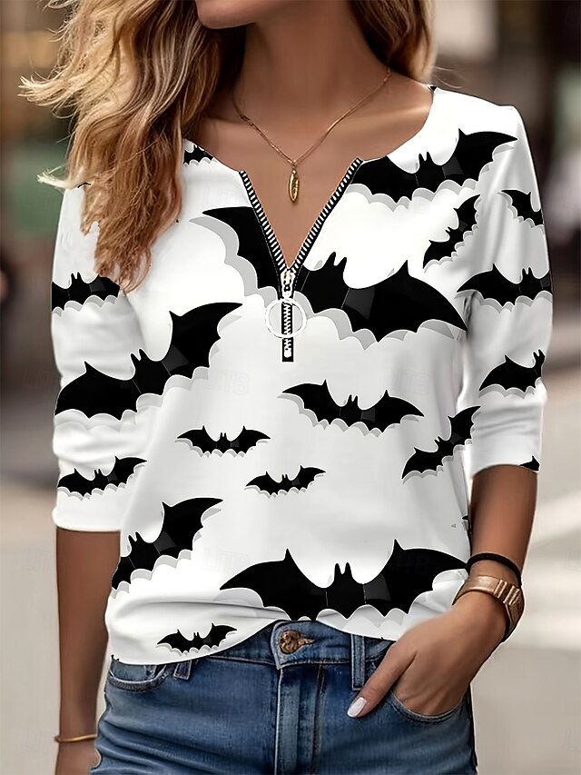 Halloween Women's T shirt Bat Graphic Skull Elegant Vintage Stylish Long Sleeve V Neck Round Neck Notched Neck Regular Tops Daily Weekend Zipper Print Black and White Spring Fall Winter4