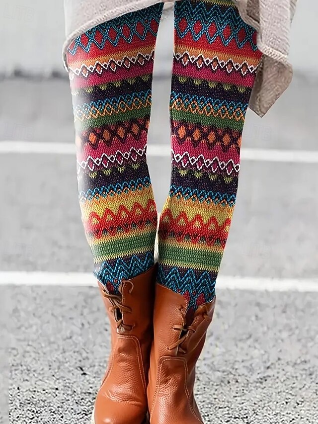 Women's Pants Trousers Leggings Cozy Leggings Streetwear Casual Full Length High Waist Lines / Waves Elastic Waist Print Breathability Comfortable Stretchy Vacation Street Daily Wear Rainbow Summer4