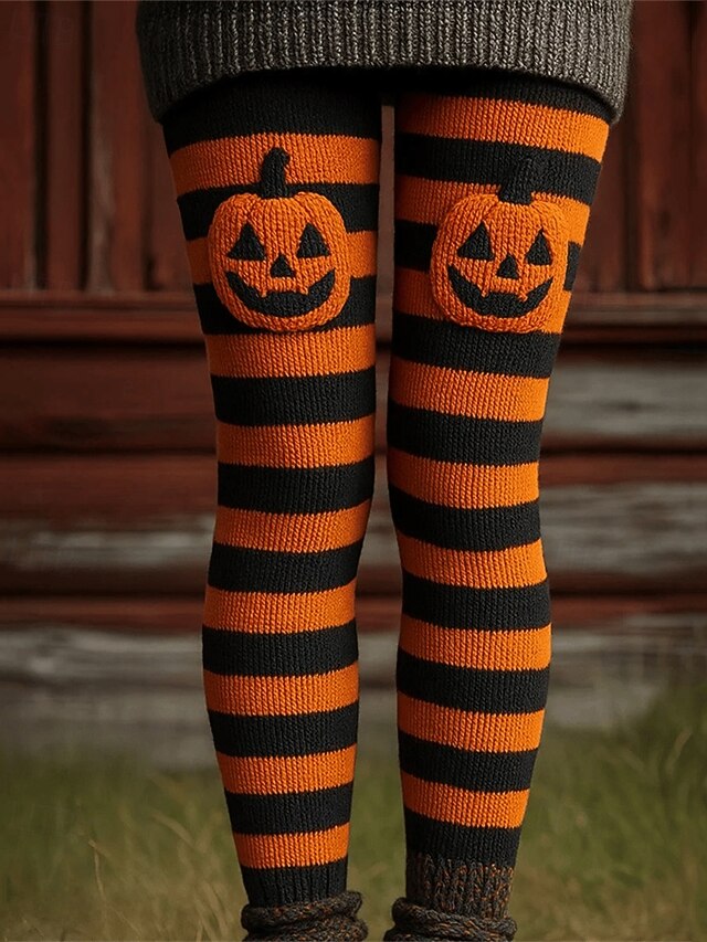 Women's Pants Trousers Leggings Cozy Leggings Streetwear Casual Full Length High WaistPantsHalloween Pumpkin Striped Elastic Waist Print Breathability Comfortable Stretchy Vacation Street Daily Wear4