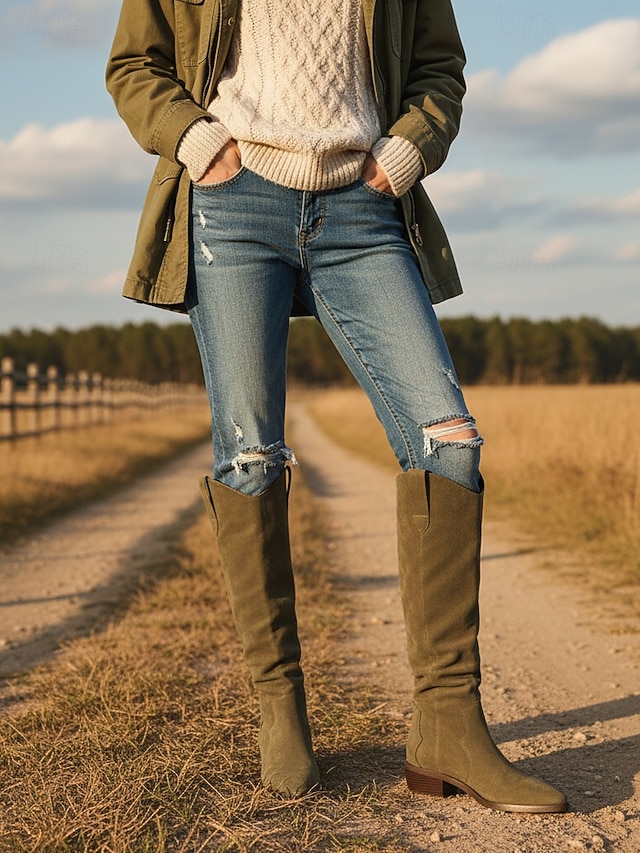  Bottes hautes en daim pour femmes, design ample à mollet large, chaussures de style bohème urbain décontracté pour femmes, chaussures de mode streetwear confortables au quotidien