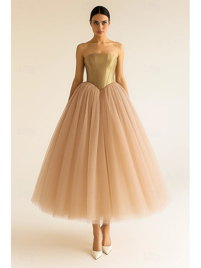  Linha A Vestidos de cocktail Elegante Traje formal Formal Casamento Longuette Sem Manga Sem Alças Tule com Fenda Dupla 2025