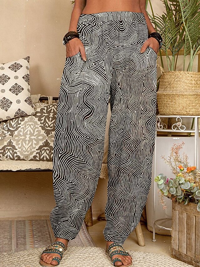 Women's Chinos Pants Trousers Active Fashion Long High Waist Geometry Pocket Elastic Waist Printing Breathability Soft Micro-elastic Vacation Street Daily Wear Black Spring Fall Regular Fit4