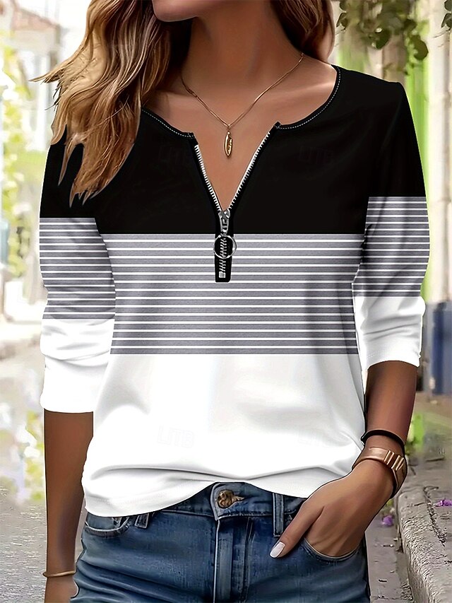 Women's T Shirt Graphic Geometric Striped Elegant Vintage Stylish Long Sleeve Round Neck Notched Neck Regular Tops Daily Weekend Zipper Print Black and White Spring Fall Winter4