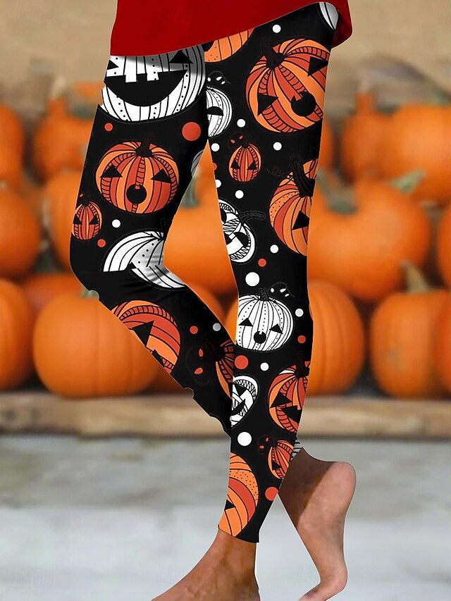 Women's Leggings Vintage Basic Casual Full Length High WaistPantsHalloween Graphic Pumpkin Halloween 3D Print Quick Dry Breathability Soft Stretchy Street Daily Festival Black White Orange Fall Skinny4