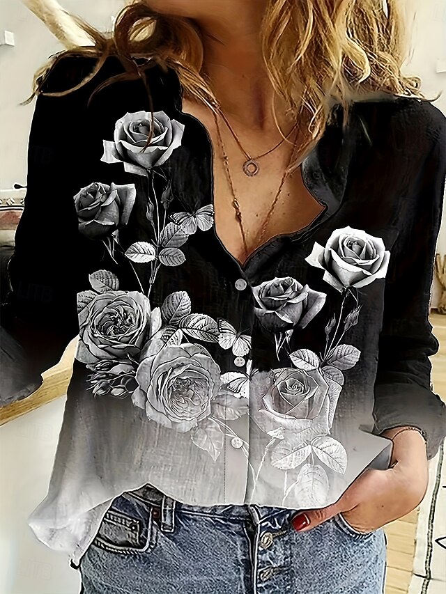 Women's Shirt Button Down Tunic Shirt Collar Long Sleeve Floral Graphic Elegant Vintage Tropical V Neck Regular Tops Work Daily Holiday Print Black Spring Fall4