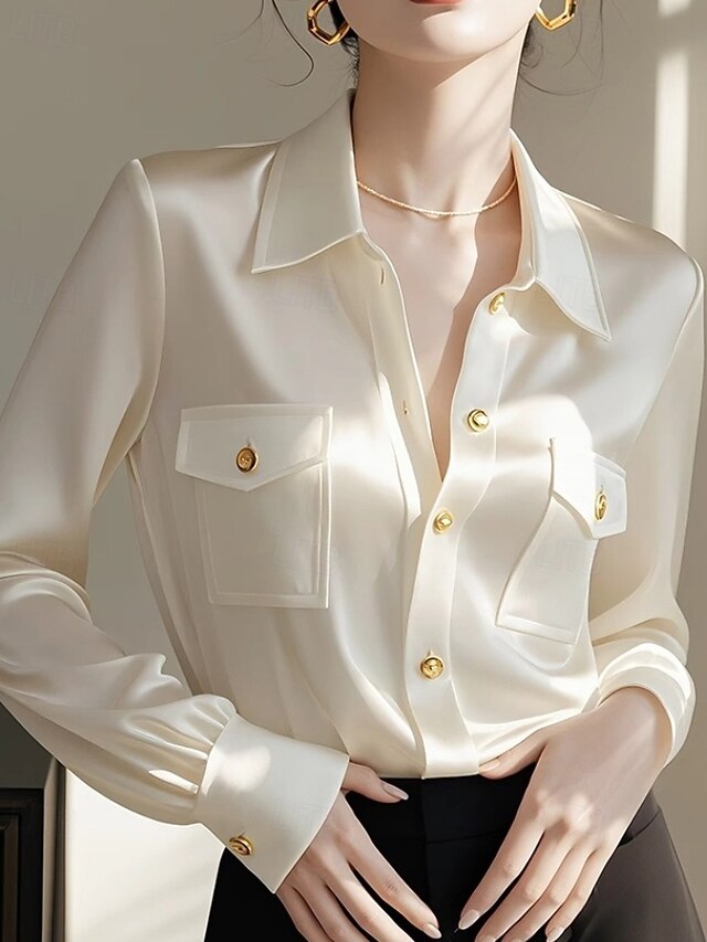  Dames Overhemd Blouse Effen Actief Stijlvol Lange mouw Overhemdkraag Normale tops Werk Uitgaan Formele kleding Zak Knop Beige Herfst