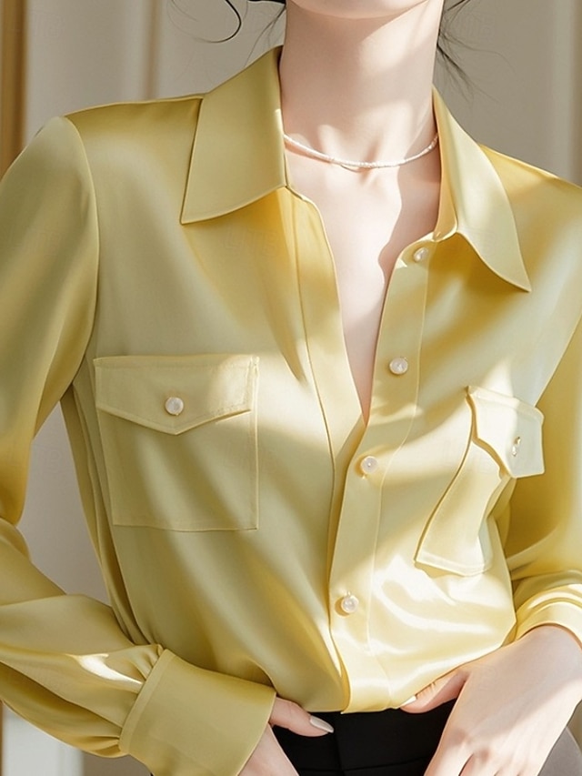  Femmes Chemise Chemisier Uni Actif Élégant manche longue Col de chemise Hauts Réguliers Travail Tenue formelle Avec Poches Boutons Jaune Automne