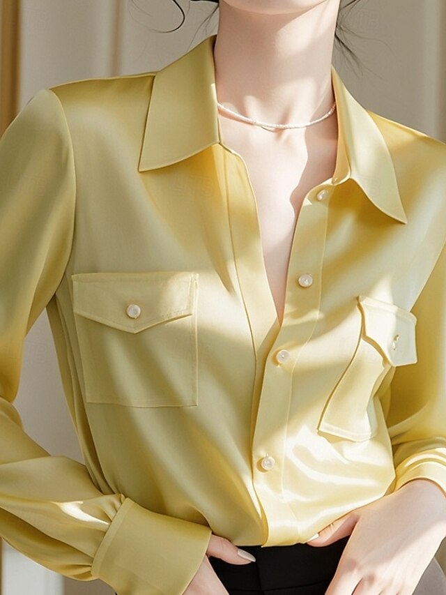 Women's Shirt Blouse Plain Active Stylish Long Sleeve Shirt Collar Regular Tops Work Formal Wear Pocket Buttons Yellow Fall4