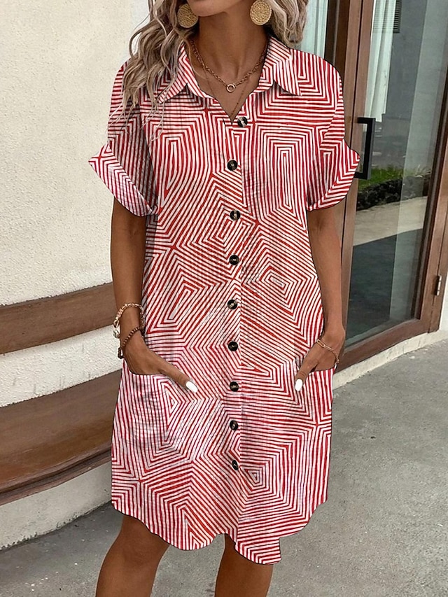  Femmes Mini Robe Robe Chemise Robe Décontractée Robe Imprimée Mode Moderne Quotidien Plage Week-end Coupe régulière Rayé Manche Courte Col de chemise Rose Claire Été Printemps Automne