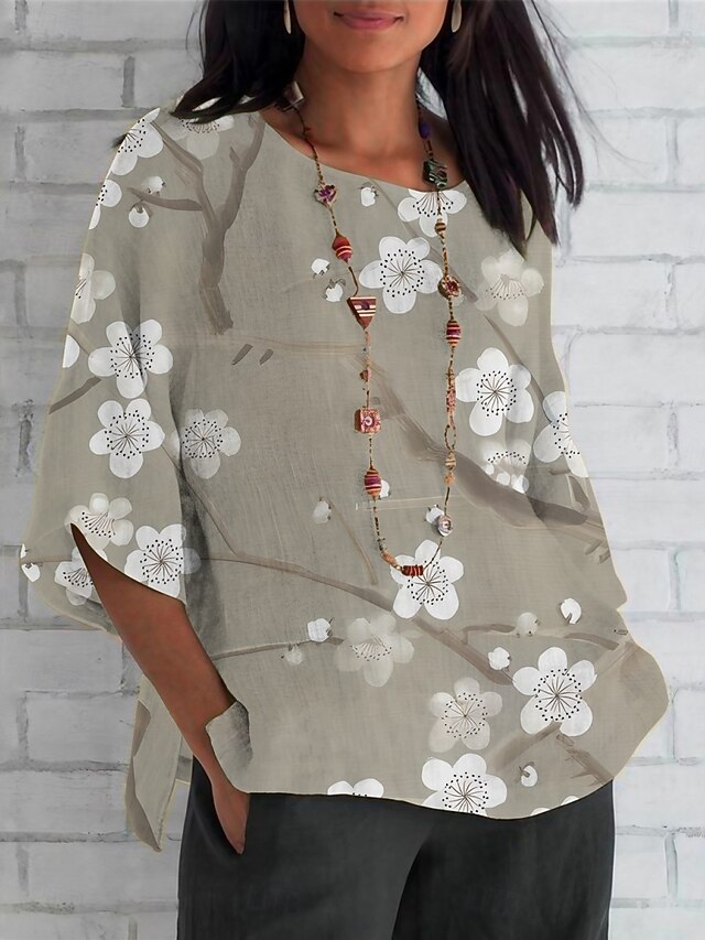 Women's Shirt Floral Daily Casual 3/4 Length Sleeve Crew Neck Regular Tops Daily Holiday Print Beige Gray Summer Spring Fall4