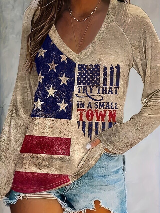 Women's T Shirt Graphic Flag Vintage Stylish Classic Long Sleeve V Neck Regular Tops Daily Print Khaki Fall Winter4