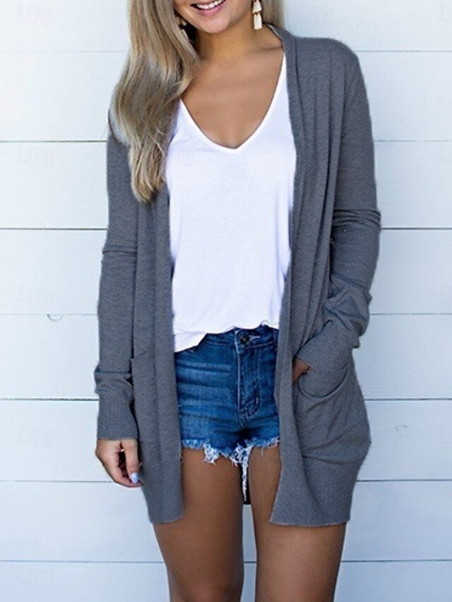 Women's Coat Comfortable Breathable Pocket Fashion Daily Plain Outdoor Casual Daily Open Front Regular Collarless Regular Fit Long Sleeve Outerwear Black Dark Gray Gray Spring Fall4