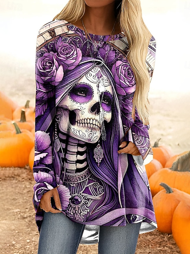  Halloween Dame T skjorte Grafisk Hodeskaller Årgang Stilfull Fritid Langermet Crew-hals Lange topper Daglig Trykt mønster Rød Lilla Oransje Kakifarget Vår Høst
