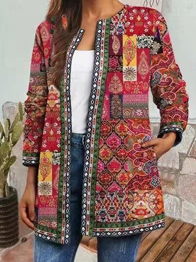  Geacă casual pentru femei, de zi cu zi, cu buzunar, cu imprimeu floral, călduroasă, la modă, croială regulată, îmbrăcăminte exterioară, mânecă lungă, primăvară, gri, verde