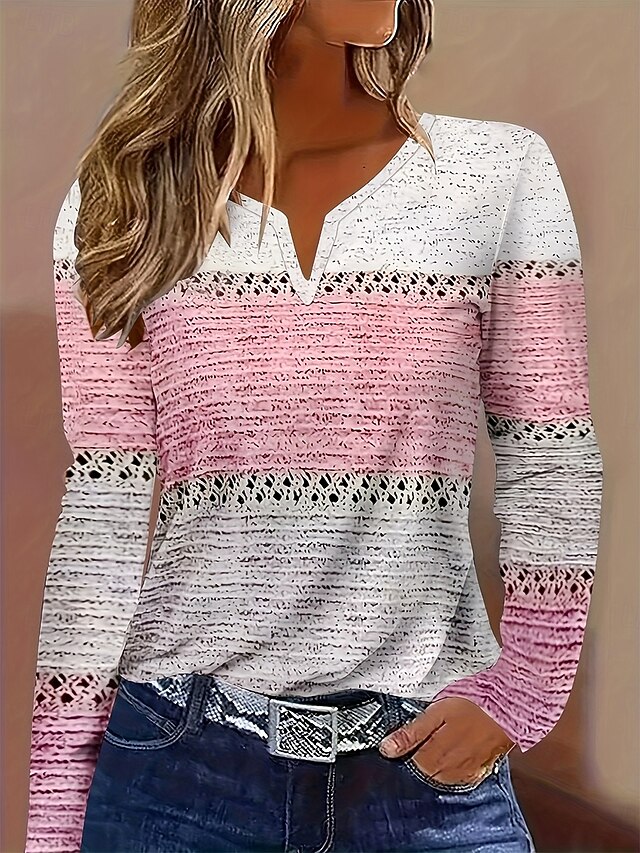 Women's T Shirt Graphic Striped Geometry Vintage Stylish Classic Long Sleeve V Neck Notched Neck Regular Tops Daily Weekend Print Dusty Rose Spring Fall Winter4