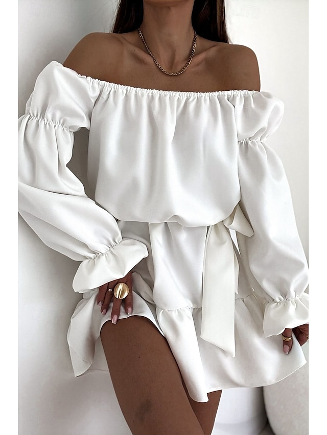  Damen Minikleid Schößchen Kleider Elegant Täglich Ferien Ausgehen Normale Passform Einfarbig Langarm Schulterfrei Schwarz Weiß Mauva Herbst