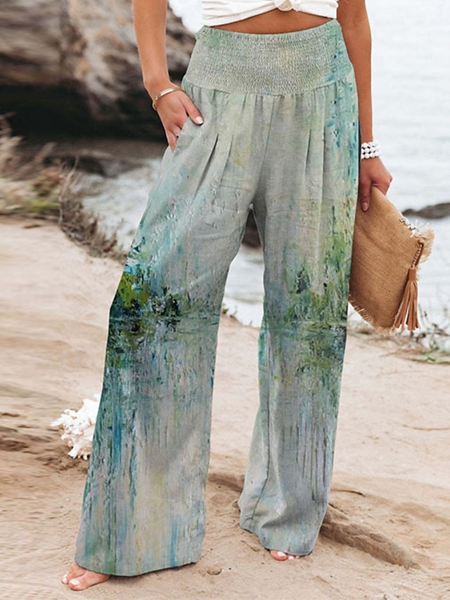  Per donna Pantaloni in cotone e lino Gamba larga Chinos Vacanza Vintage Stile Etnico Lunghezza intera Vita Alta Floreale Tasca Elastico in vita Stampa Comodità All'aperto Elasticizzato Streetwear