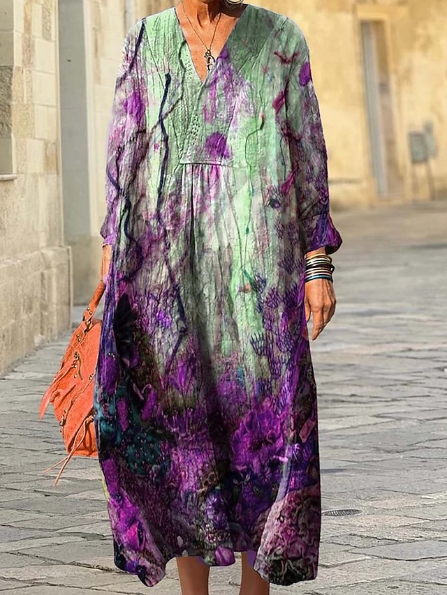  Per donna Abito Midi Vestito Estivo Abito a trapezio Vacanza Casual Boho Uscire Spiaggia Vestibilità comoda Grafico Geometrico Manica Lunga Scollo a V Viola Arancione Verde Primavera Autunno Inverno