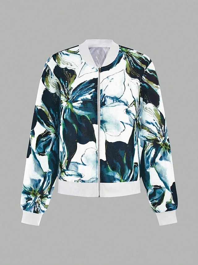  Mulheres Jaqueta Bomber Jaqueta casual Confortável Respirável Zíper Imprimir Casual Floral Férias Rua Casual Roupa Diária Zíper Curto Colarinho Chinês Normal Manga Longa agasalhos Roxo Verde Verão