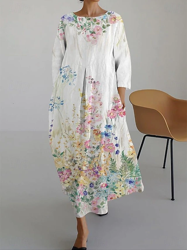 Women's Maxi Dress A Line Dress Fit And Flare Dress Party Birthday Casual Party Wedding Guest Daily Floral Graphic Long Sleeve Crew Neck White Purple Green Spring Fall Winter Autumn4