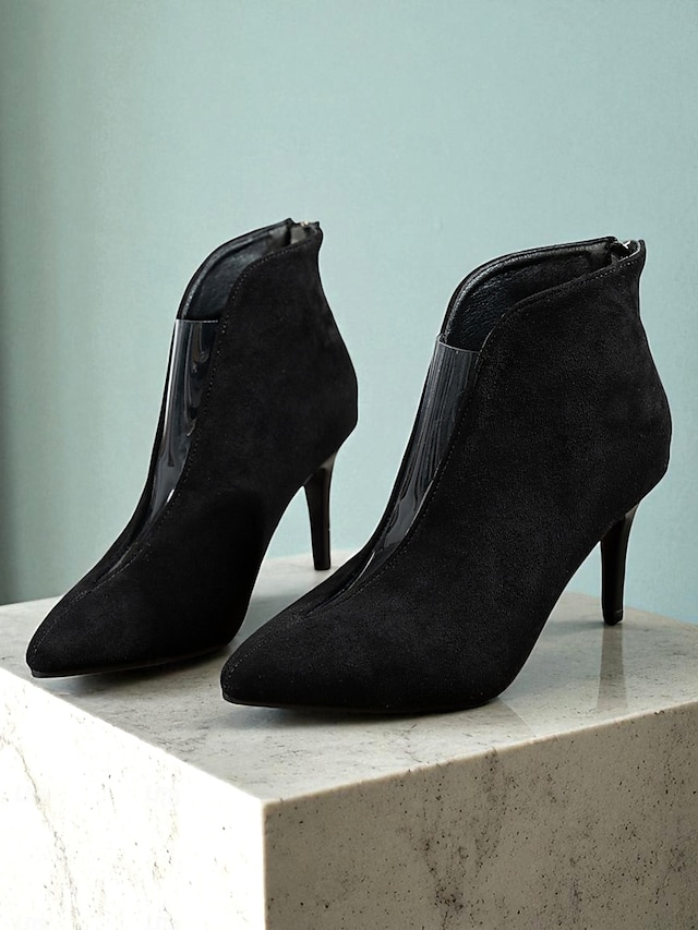  Bottines à talons aiguilles noires pour femmes - bottines à bout pointu en daim avec design en V pour un look de bureau chic et urbain et un style streetwear d'automne