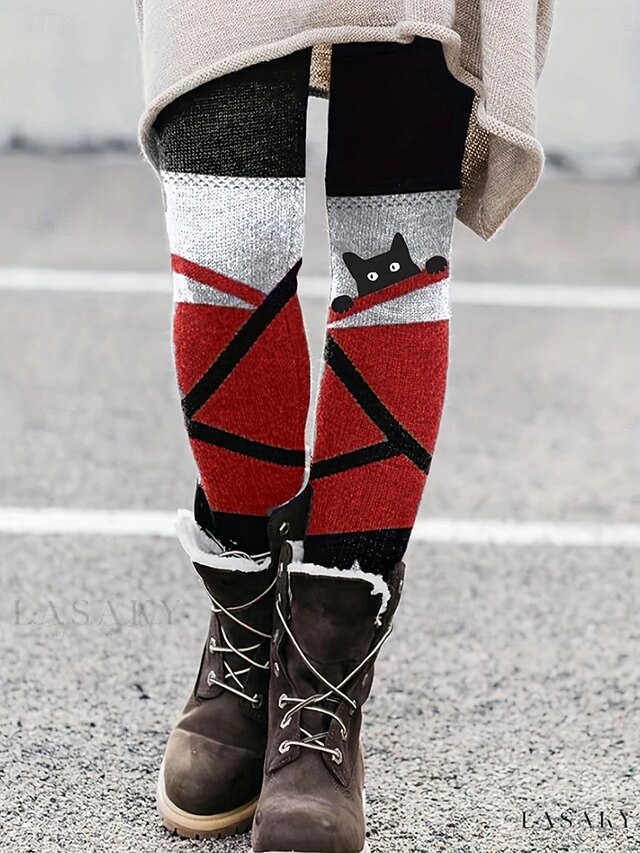 Women's Pants Trousers Leggings Cozy Leggings Streetwear Casual Full Length High Waist Geometric Cat Elastic Waist Print Breathability Comfortable Stretchy Vacation Street Daily Wear Red Purple Khaki4