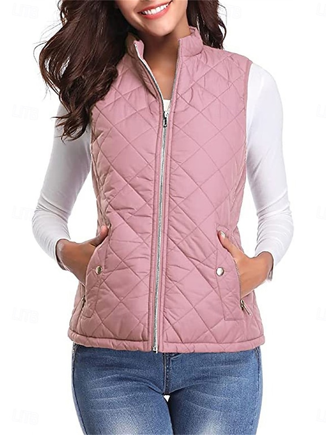  Dames Vest Straat Casual Casual / Dagelijks Herfst Winter jas Normale pasvorm Hedendaags Stijlvol Casual Jacks Mouwloos Effen Kleur Met zakken Licht Blauw bordeaux Zee blauw