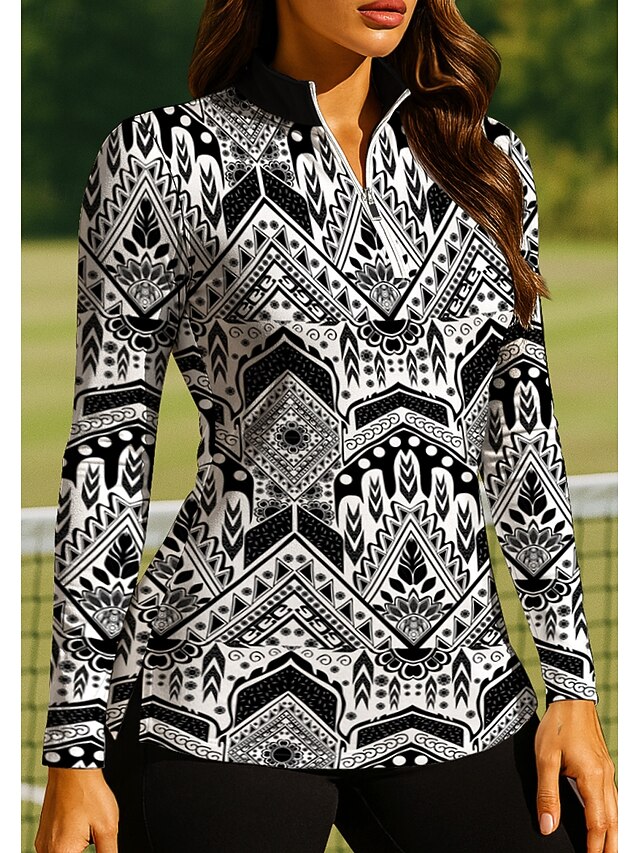 Women's Geometric Reactive Print Boho Tops Golf Polo Shirt Tennis Shirt Long Sleeve Print Quarter Zip Pullover UV Protection Elastic Breathable Tennis Golf Pickleball Zip Collar Shirt Polo Black White4