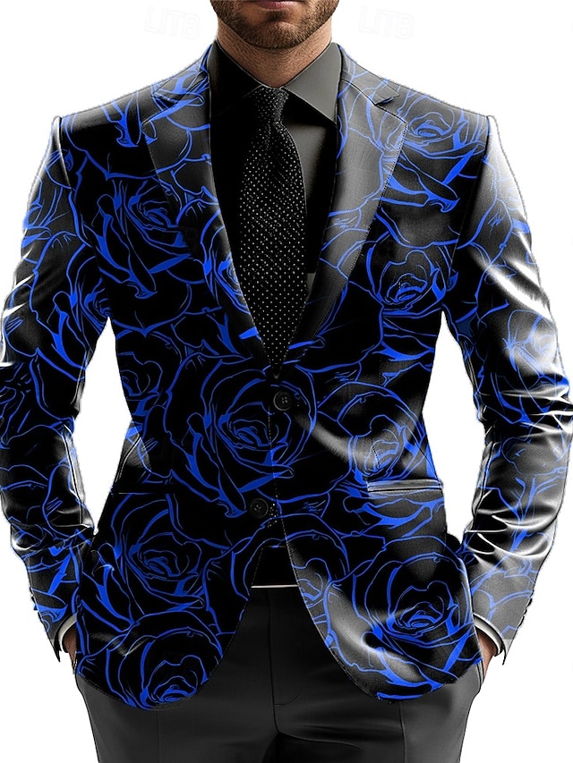  Herre Blazer jakke Formell Fest Stilfull Fritid hverdag Alle årstider 100% Polyester veving Rose 3D-utskrift Knapper Bekvem Enkeltkneppet Blazer Rød Blå Lilla Grønn