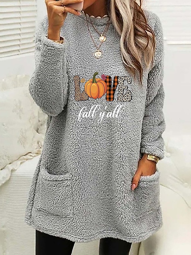  Damskie Bluza z kapturem Dynia Litera Elegancja Ciepłe Teddy Długi rękaw Półgolf Długie topy Biały Rumiany róż Niebieski Szary Wiosna Jesień Zima Wiosna, jesień, zima, lato