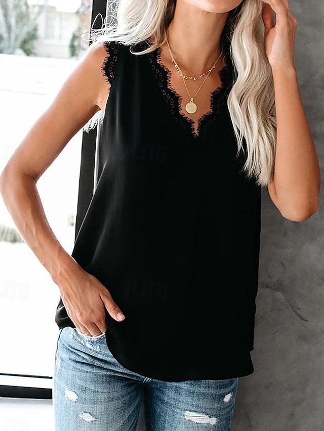  Femmes Hauts d'été Uni Élégant Sans manches Col en V Hauts Réguliers Noir Blanche Rose Claire Bleu Ciel Abricot Été