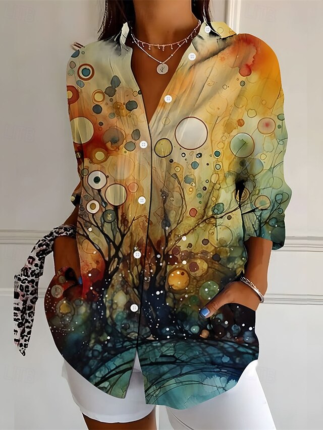 Women's Shirt Graphic Geometric Active Daily Stylish Long Sleeve Shirt Collar Regular Tops Daily Holiday Buttons Print Orange Spring Fall4