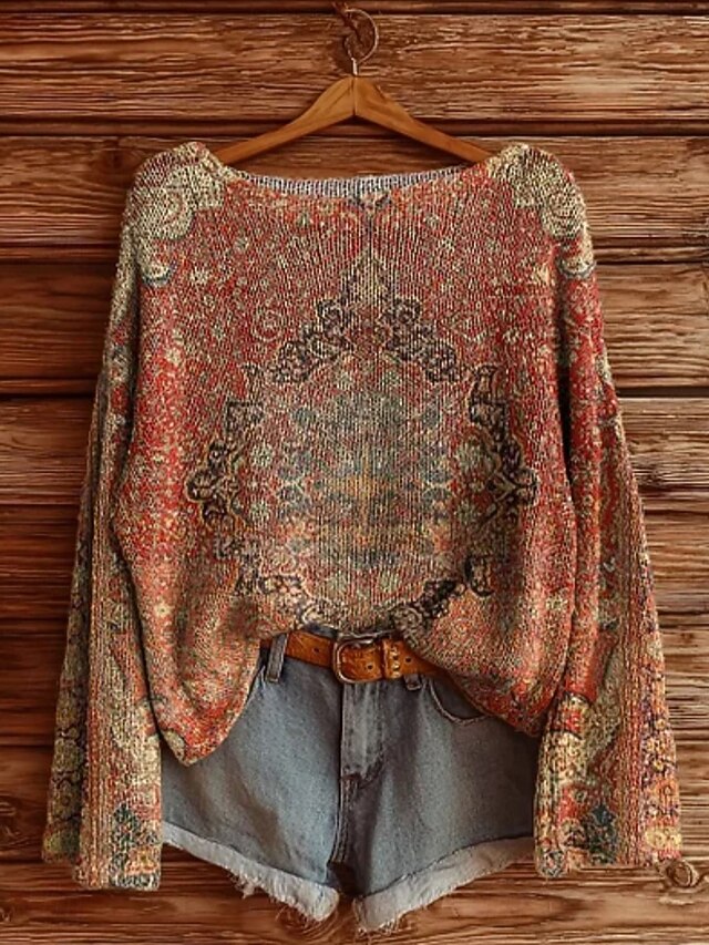 Women's Sweater Casual Soft Floral Vintage Ethnic Long Sleeve Crew Neck Regular Tops Daily Holiday Print Pink Red Green Spring Fall Winter4