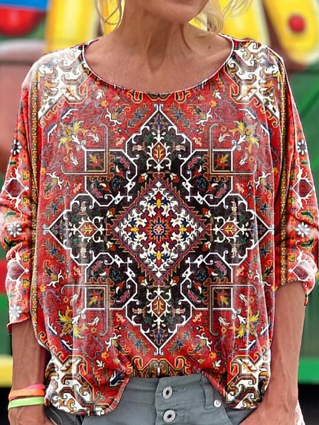 Women's Blouse Floral Vintage Ethnic Long Sleeve Crew Neck Regular Tops Daily Holiday Print Red Blue Spring Fall4