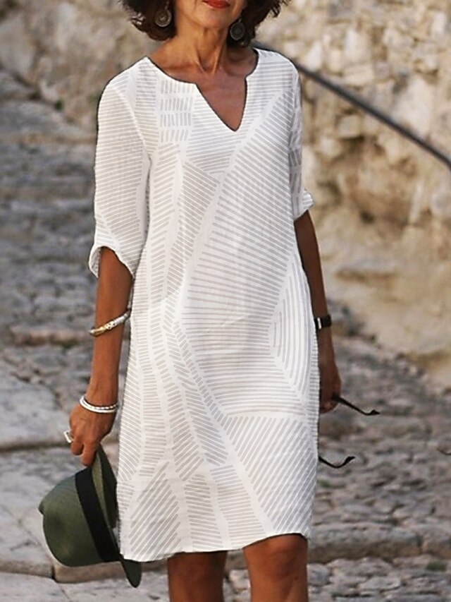 Women's Mini Dress Casual Dress Print Dress Fashion Modern Daily Beach Weekend Regular Fit Line 3/4 Length Sleeve Split Neck White Summer Spring Fall Autumn4