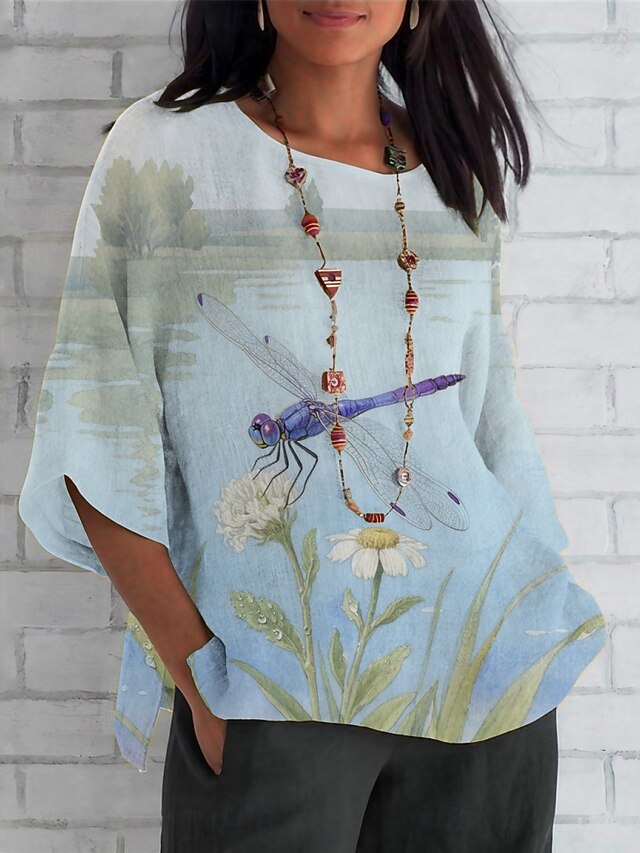 Women's Shirt Floral Dragonfly Daily Casual 3/4 Length Sleeve Crew Neck Regular Tops Daily Holiday Print Green Summer Spring Fall4