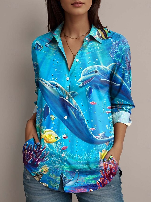 Dakota Daetwiler by Women's Shirt Graphic Hawaiian Basic Long Sleeve Shirt Collar Regular Tops Work Daily Holiday Buttons Print Blue Summer Spring Fall4