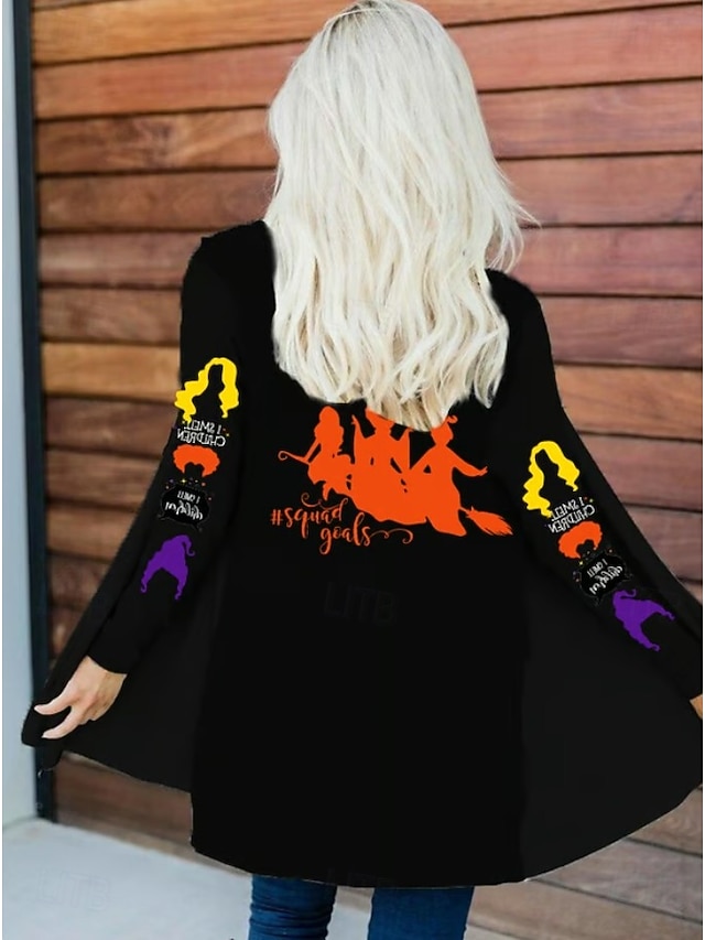  Palton de femei Halloween Ușor Confortabil Grafic Vrăjitoare Deschis în față Vintage Artistic Casual Vrăjitoare Craniu Casual Fără guler Ajustat lung Mâneci lungi Haine exterioare Negru Alb Roșu