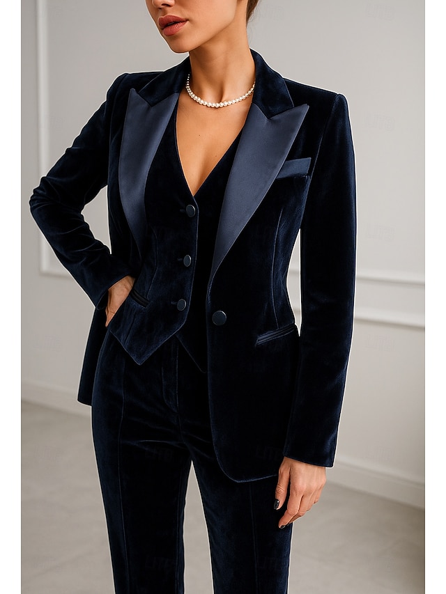  Women's 3 Pieces Suits Formal Wedding Guest Velvet Elegant Simple Long Sleeve Floor Length Peak Lapel Single Breasted