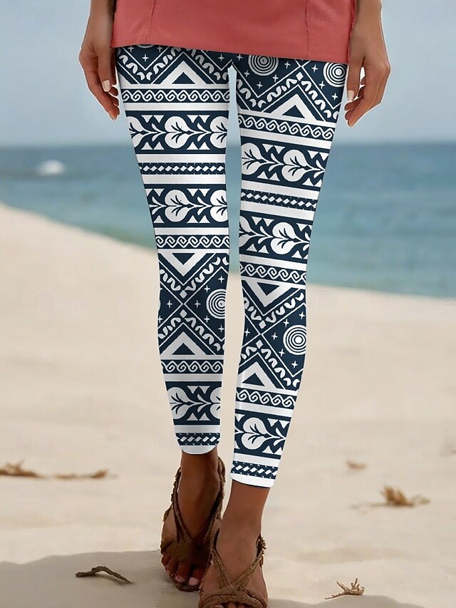 Women's Pants Trousers Leggings Vintage Casual Full Length High Waist Geometric Elastic Waist Print Breathability Comfortable Stretchy Vacation Street Daily Wear Yellow Blue Summer Spring Fall4