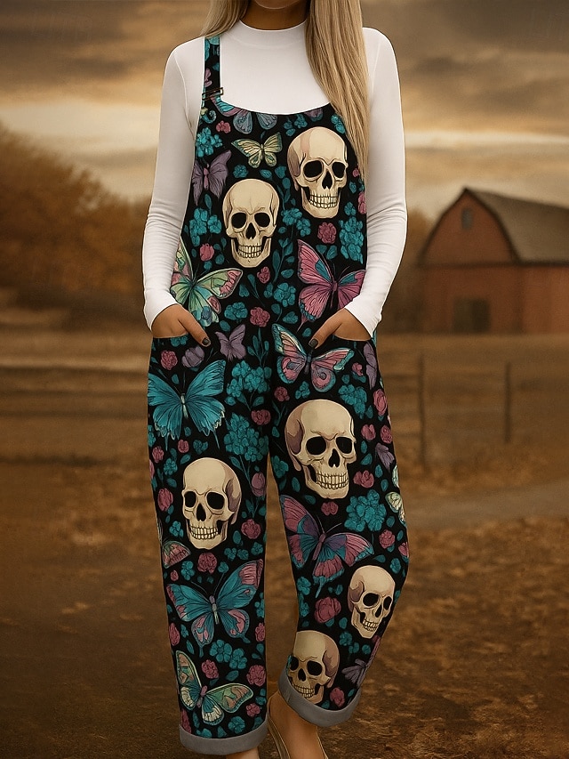  Macacão feminino 100% algodão, leve, gráfico, sem mangas, perna larga, gola redonda, com bolso, férias, diário, ajuste solto, vermelho, azul, roxo, verão