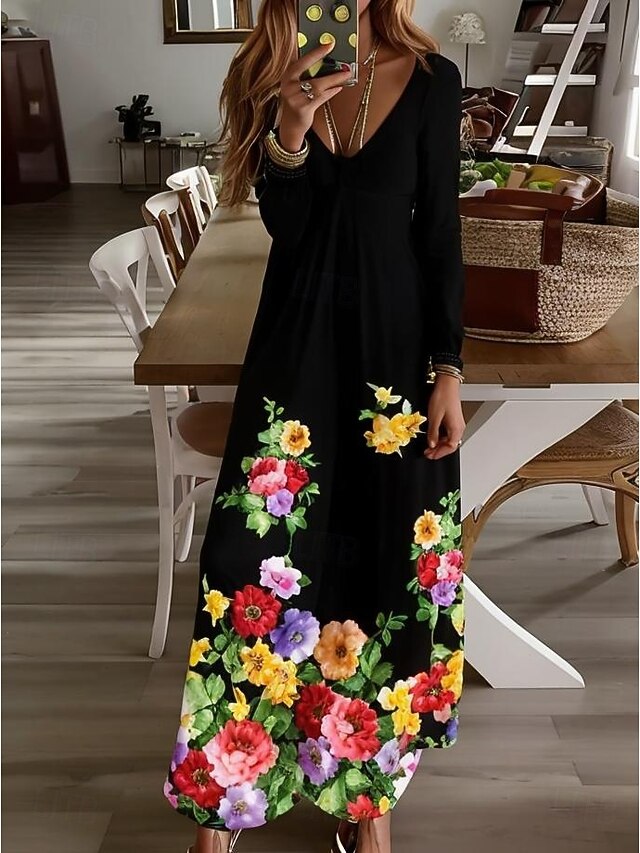 Women's Maxi Dress T Shirt Dress Tee Dress A Line Dress Vacation Casual Boho Daily Holiday Date Regular Fit Floral Graphic Long Sleeve V Neck Black Fall Winter3