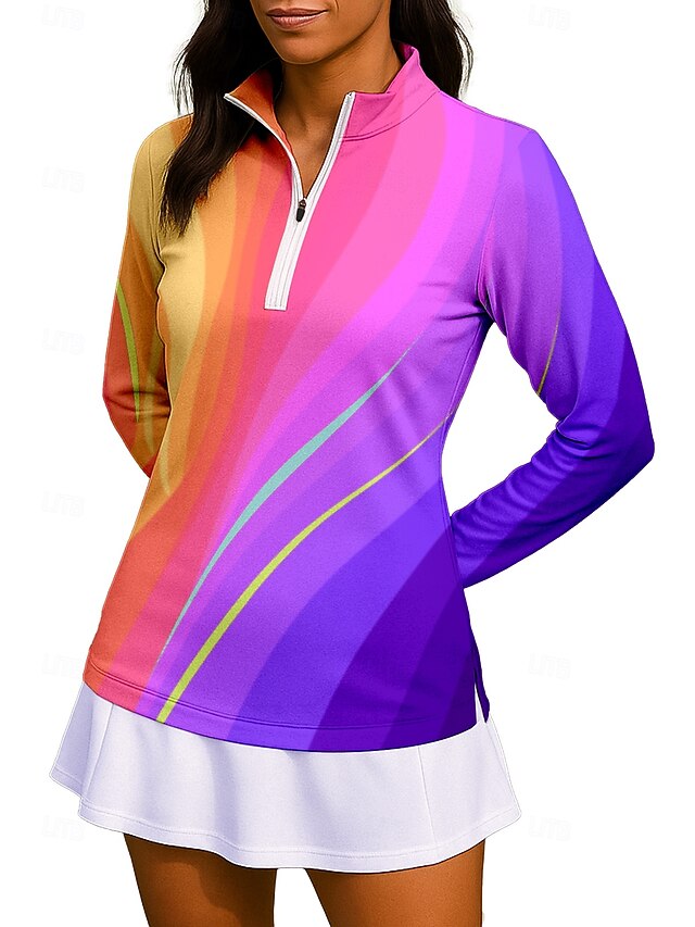 Women's Gradient Stripes Shirt Sport Shirt Golf Polo Shirt Tennis Shirt Long Sleeve Zipper Floral UPF50+ UV Resistant High Elasticity Moisture Wicking Breathable Volleyball Tennis Golf Stand Collar4