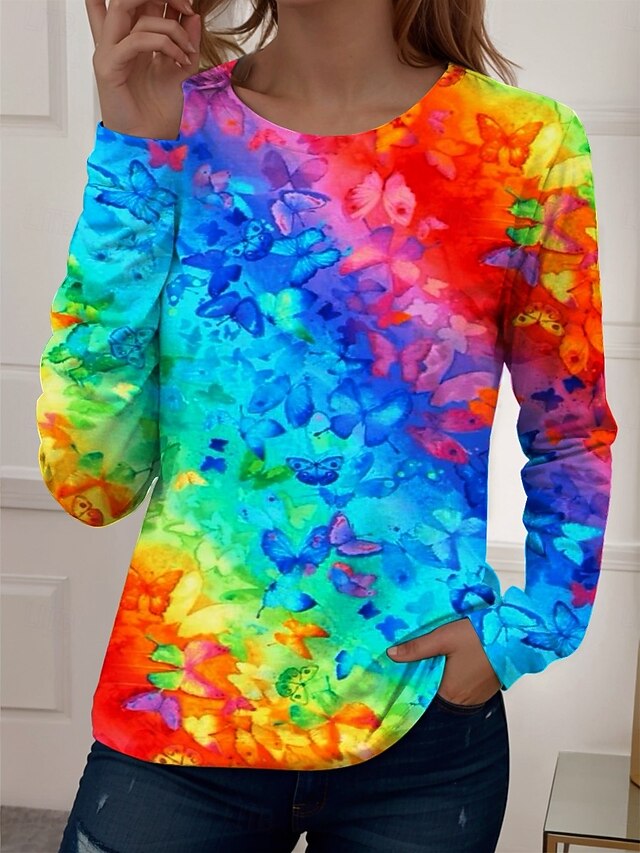 Women's T Shirt Floral Graphic Gradient Elegant Vintage Stylish Long Sleeve Crew Neck Round Neck Regular Tops Daily Going out Weekend Print Rainbow Summer Spring Fall Spring, Fall, Winter, Summer4
