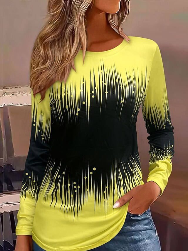 Women's T Shirt Ombre Graphic Vintage Fashion Stylish Long Sleeve Crew Neck Regular Tops Daily Print Yellow Spring Fall4
