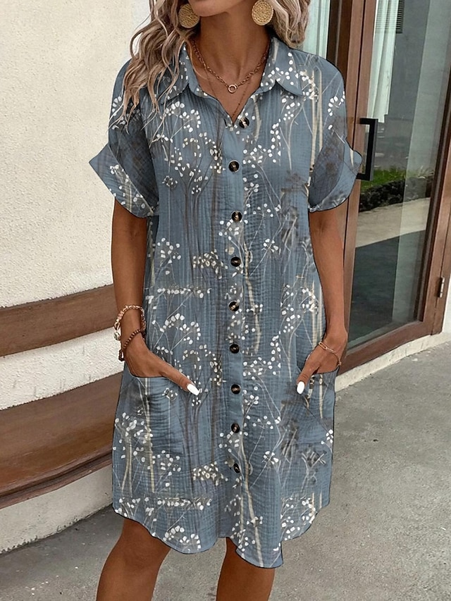  Femmes Mini Robe Robe Chemise Robe Décontractée Robe Imprimée Mode Moderne Quotidien Plage Week-end Coupe régulière Fleuri Manche Courte Col de chemise Bleu Été Printemps Automne