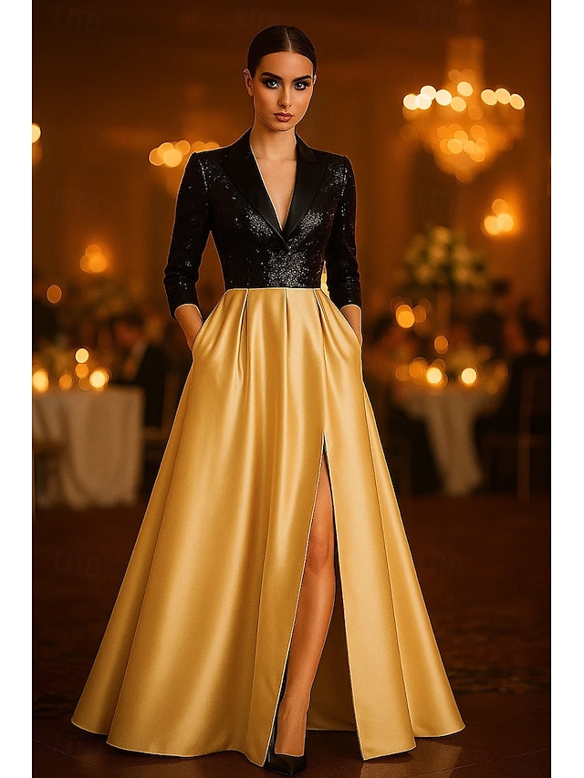  Linea ad A Abito da Sera Elegante Abito formale Formale Matrimonio Lunghezza al pavimento Manica 3/4 Scollo a V Raso con Pieghe Paillettes Spacco 2025